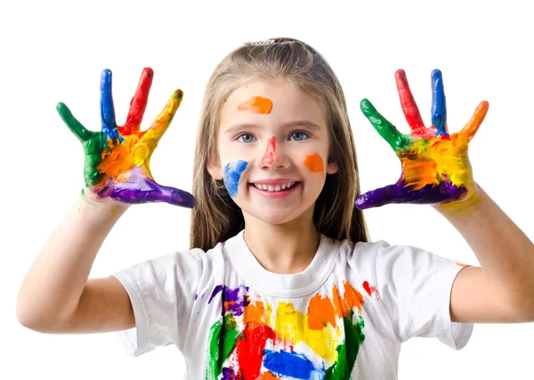 Happy cute little girl with colorful painted hands — Stock Photo, Image