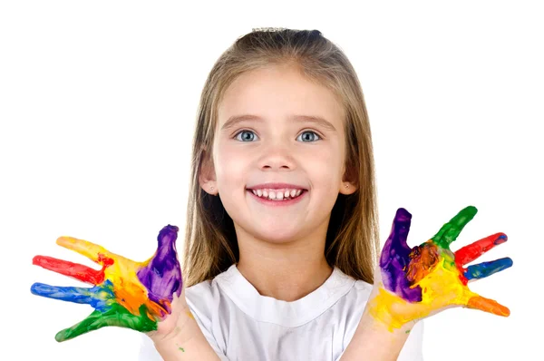 Happy cute little girl with colorful painted hands — Stock Photo, Image