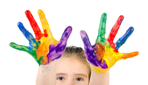 Renkli boyalı ellerle mutlu sevimli küçük kız — Stok fotoğraf