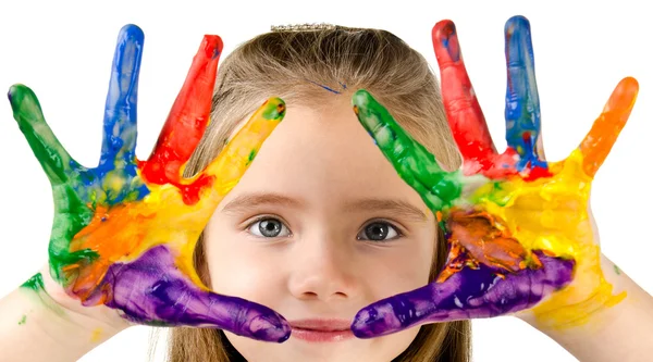 Menina bonito com mãos pintadas coloridas — Fotografia de Stock