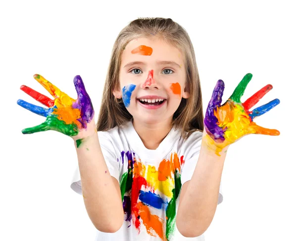 Menina bonito feliz com mãos pintadas coloridas — Fotografia de Stock