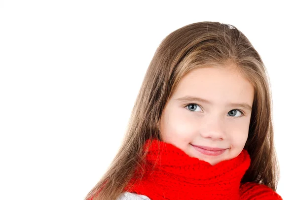 Bedårande leende liten flicka i röd halsduk isolerade — Stockfoto