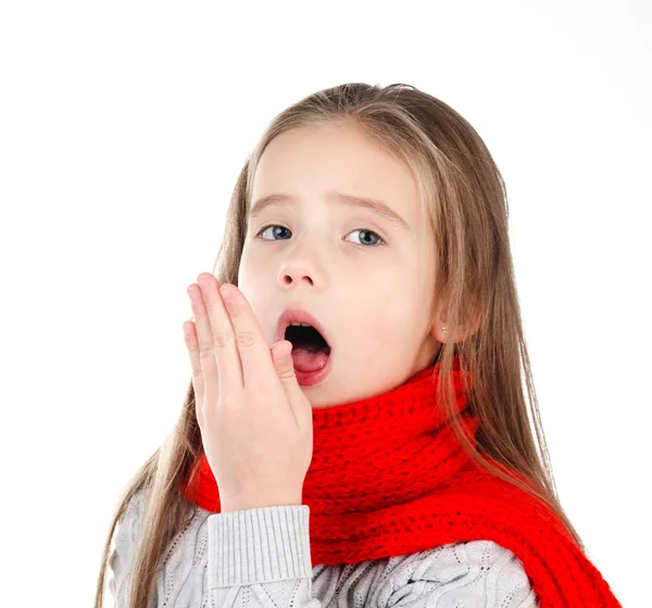 Sick little girl in red scarf coughing — Stock Photo, Image