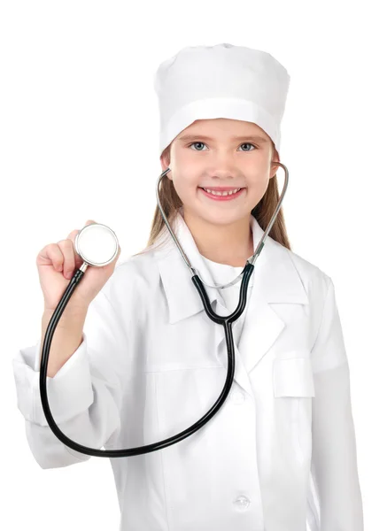 Bedårande leende liten flicka klädd som en läkare Stockbild