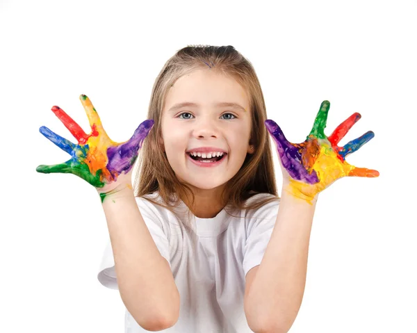 Feliz linda niña con las manos pintadas de colores — Foto de Stock
