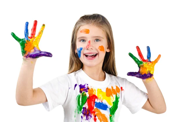 Menina bonito feliz com mãos pintadas coloridas isoladas — Fotografia de Stock