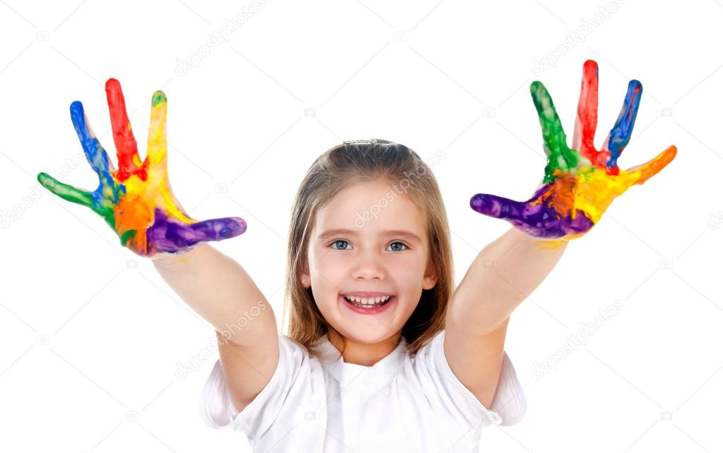 Happy cute little girl with colorful painted hands