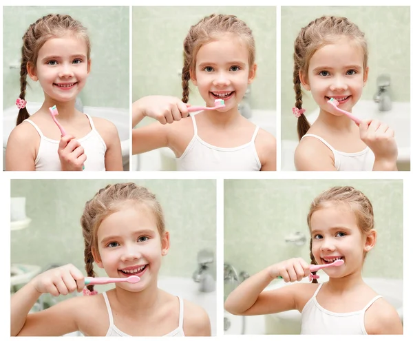 Colección de fotos sonriente linda niña cepillarse los dientes — Foto de Stock