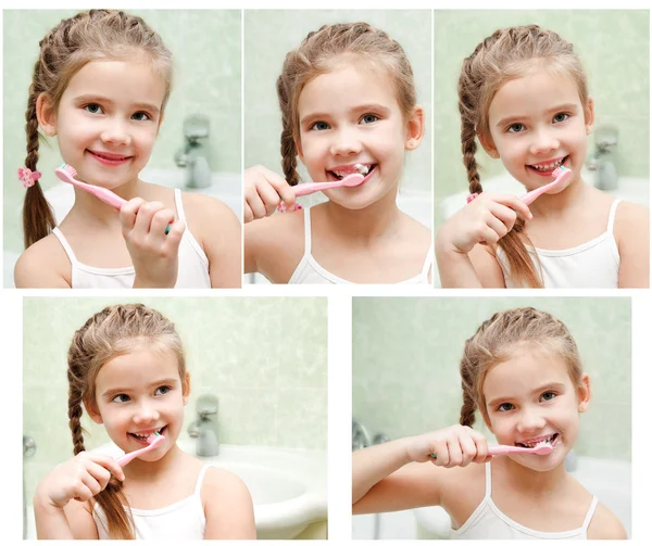 Samling av bilder leende söta lilla flicka borsta tänder — Stockfoto