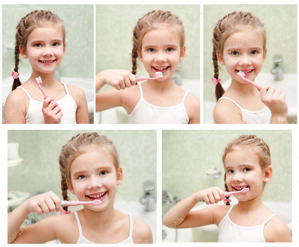 Collection of photos smiling cute little girl brushing teeth