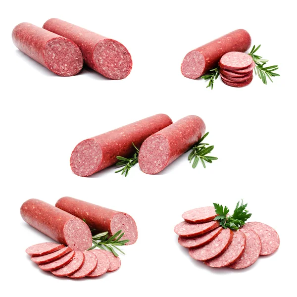 Collection of photos smoked sausage salami — Stok fotoğraf