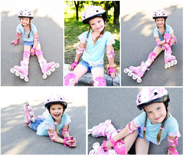 Carino sorridente bambina in pattini a rotelle rosa — Foto Stock