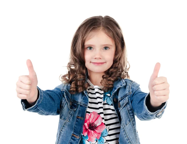 Süßes lächelndes kleines Mädchen mit zwei erhobenen Fingern — Stockfoto