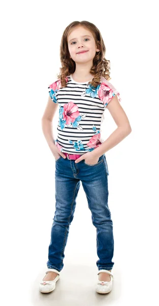 Bonito sorridente menina em jeans isolado — Fotografia de Stock