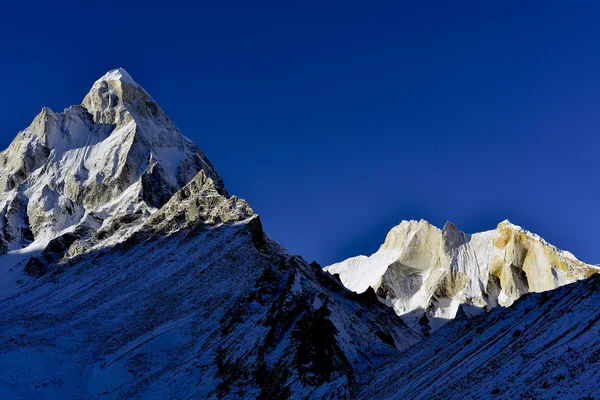 Monte Shivling e Meru all'alba nella catena montuosa dell'Himalaya Garhwal, Uttarakhand Uttaranchal, India Fotografia Stock