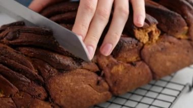 Güzel kadın elleri tarçın ve çikolatayla topuz kesiyor. Ekmek ve ekmekler. Maya ekmeği. Süt, tereyağı, un, yumurta ve mayadan yapılmış ekmek..