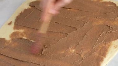Güzel kadın elleri tarçın ve çikolatalı çörek yapmak için hamuru tarçınlı tereyağına bular. Ekmek ve ekmekler. Maya ekmeği. Süt, tereyağı, un, yumurta ve mayadan yapılmış ekmek..