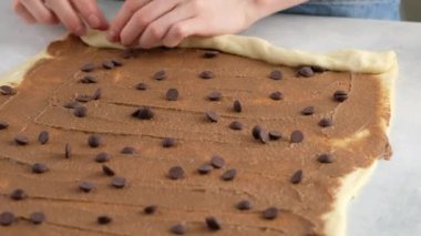 Güzel kadın elleri tarçın ve çikolatalı çörek yapmak için bir rulo çevirir. Ekmek ve ekmekler. Maya ekmeği. Süt, tereyağı, un, yumurta ve mayadan yapılmış ekmek..