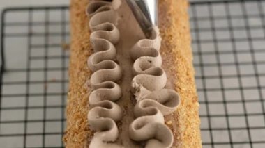 Üst Manzara. Kadın eli, süngerli pastayı bir pasta torbasından çıkan çikolatalı kremayla süslüyor. Pasta şefi ev yapımı bir pasta hazırlıyor. Charlotte kremalı kremalı pandispanya..