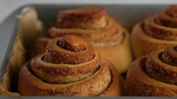 Kvinnan tog ut kanelbullar från ugnen. Söt färskost glasyr hälla på kanelbullar produktion av kanelbullar. Bageriprodukter. Aptitretare kanelbullar — Stockvideo