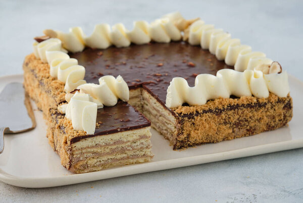 Piece of Russian shortbread cake Leningrad poured with chocolate and sprinkled with peanuts.