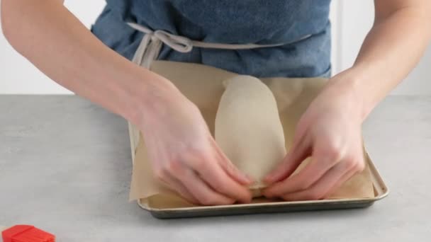 As mãos femininas colocam a massa em uma assadeira em uma mesa leve para fazer pão de trigo. Preparamos o pão branco em uma padaria profissional da farinha, água, óleo, sal. — Vídeo de Stock