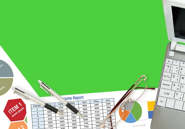 Image of flat lay for business with report and paperwork on green background