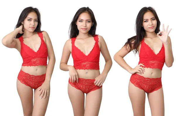 Collage Tres Hermosas Mujeres Asiáticas Bikini Fondo Blanco Estudio Fotos De Stock Sin Royalties Gratis