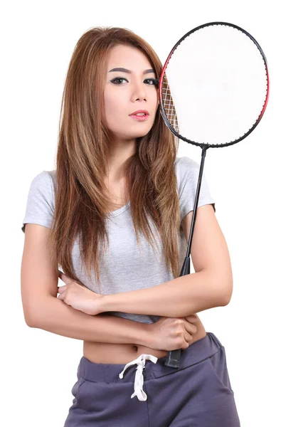 Young Asian Woman Sport Wear Holding Racket White Backgroun — Stock Photo, Image