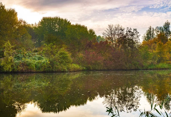 Early Morning Autumn Landscape Colorful Trees Water Hdr High Dynamic — Stock Photo, Image