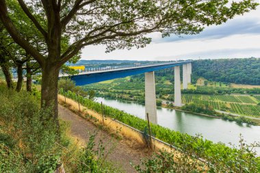 Hunsruck ve Eifel dağlarını birbirine bağlayan çelik kiriş köprüsüne bakın. Moselle nehri ve Winningen üzüm bağlarının şarap bölgesine bakıyor..
