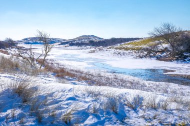 Amsterdamse 'deki karlı ve buzlu kış manzarası Waterleidingduinen, berrak mavi gökyüzü.