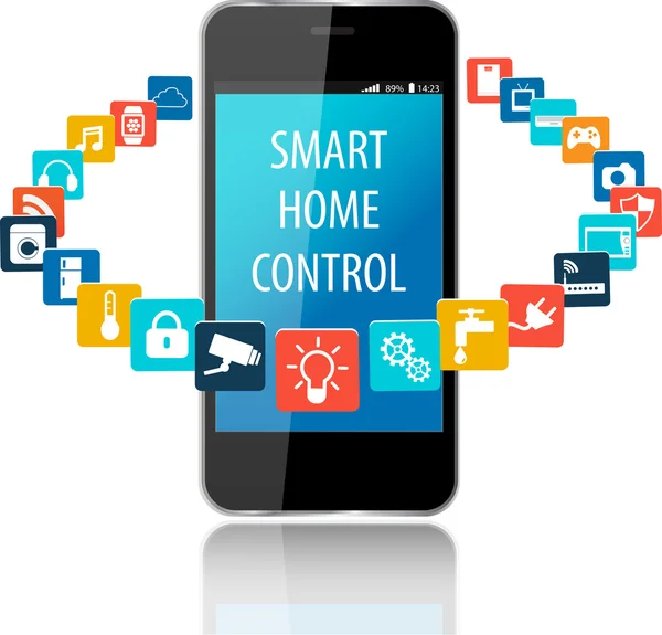 Smart phone et technologie Smart House avec nuage d'ap coloré — Image vectorielle