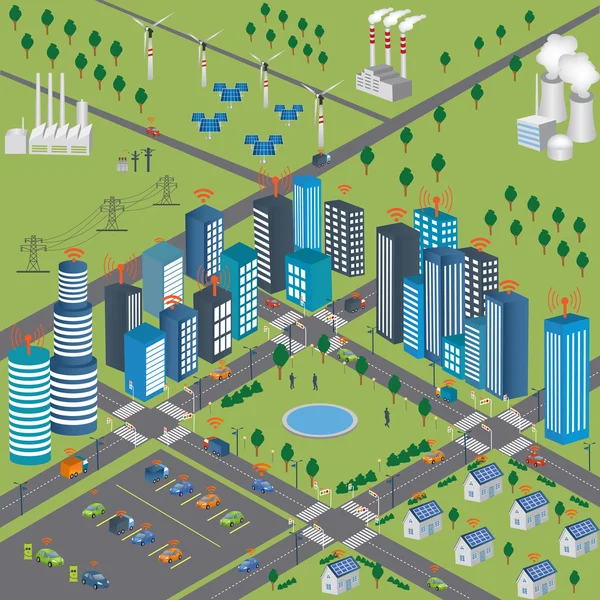 차량의 스마트 시티 스마트 그리드 및 무선 네트워크 로열티 프리 스톡 일러스트레이션