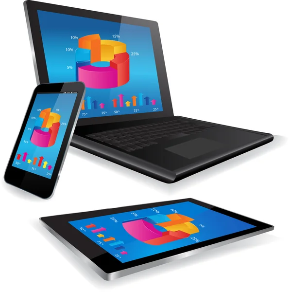 Laptop-Tablet und Smartphone mit Business-Grafik — Stockvektor