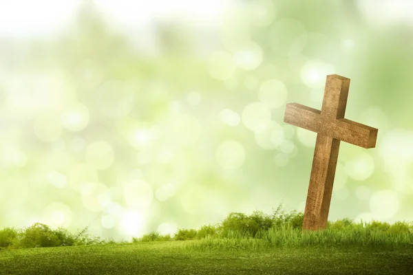 Wooden christian cross on green meadow — Stock Photo, Image