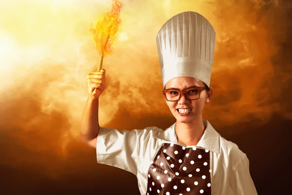 Angry asian woman chef — Stock Photo, Image
