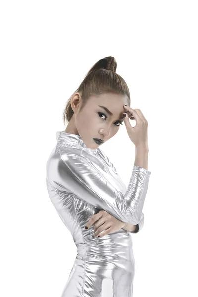Nő visel ezüst latex-suit — Stock Fotó