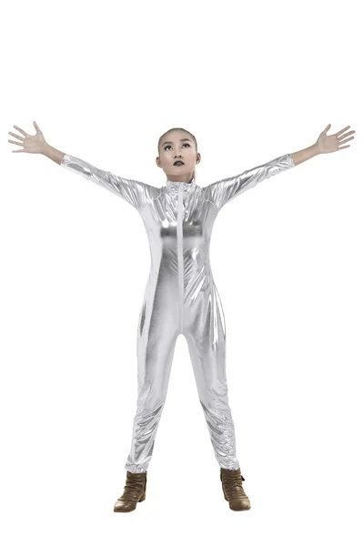 Nő visel ezüst latex-suit — Stock Fotó