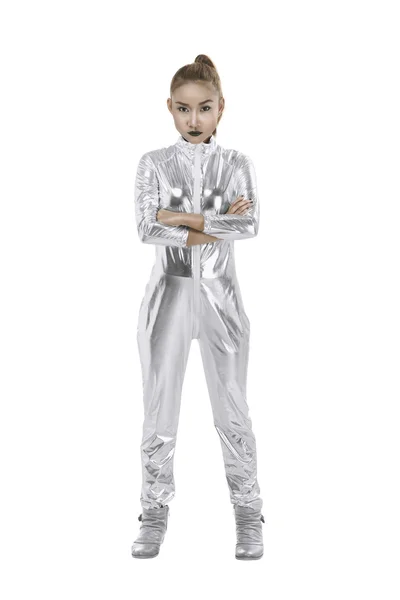 Woman wearing silver latex suit — Stock Photo, Image