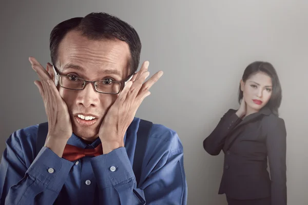 Asian nerd man looking shy — Stock Photo, Image