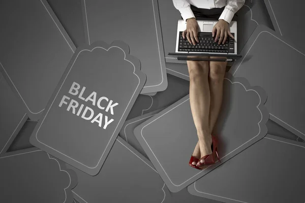 Businesswoman Laptop Sitting Stack Black Label Tag Black Friday Tag — Stock Photo, Image