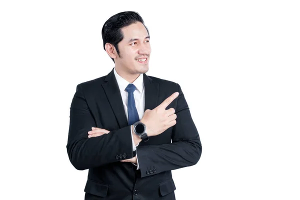 Asian Businessman Pointing Something Isolated White Background — Stock Photo, Image