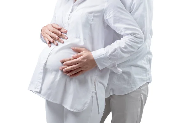 Hamile Çift Göbeğine Dokunuyor Beyaz Arka Planda Elle Izole Edilmiş — Stok fotoğraf