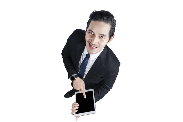 Asian Businessman Holding Tablet Isolated White Background — Stock Photo, Image