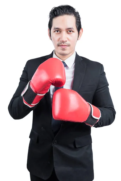 Hombre Negocios Asiático Con Guantes Boxeo Rojos Aislados Sobre Fondo —  Fotos de Stock