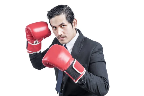 Asiatischer Geschäftsmann Mit Roten Boxhandschuhen Kämpft Isoliert Vor Weißem Hintergrund — Stockfoto
