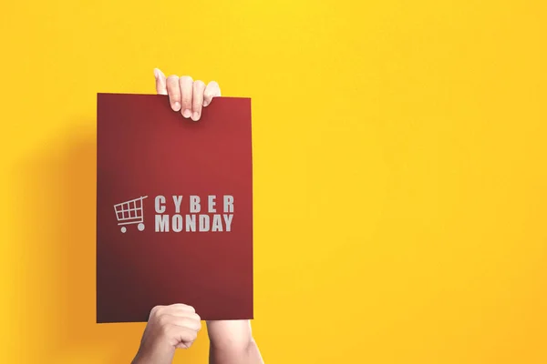 Hand Showing Board Cyber Monday Text Colored Background Cyber Monday — Stock Photo, Image