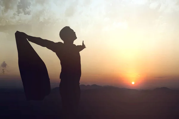 Silueta Hombre Negocios Levantó Las Manos Orando Dios Con Fondo — Foto de Stock