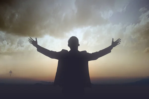 Silhouette Businessman Raised Hands Praying God Sunset Sky Background — Stock Photo, Image